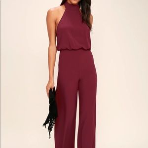 LULUS- New Moments For Life Wine Red Halter Jumpsuit